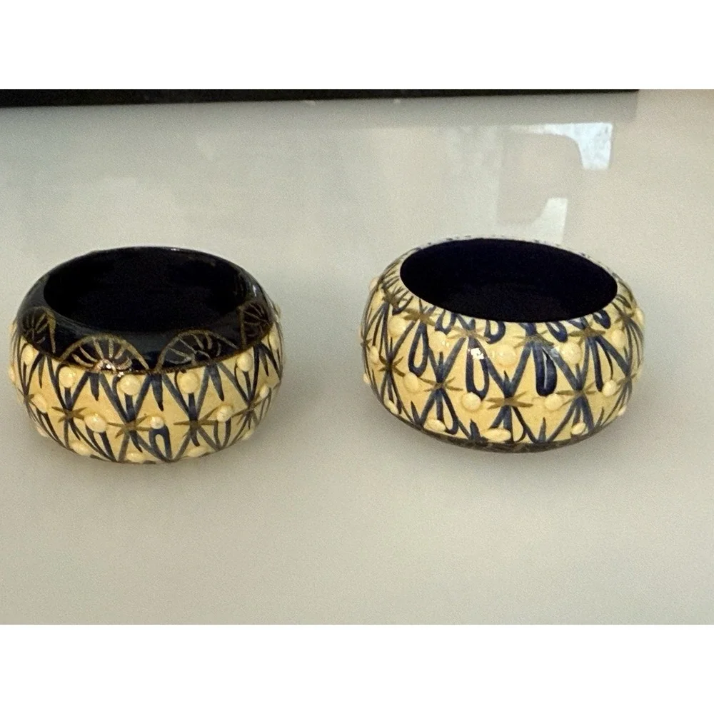 Vintage Set 6 Papier Mache Dotted‎ Napkin Rings Wood Hand Painted Circa 1970 EUC